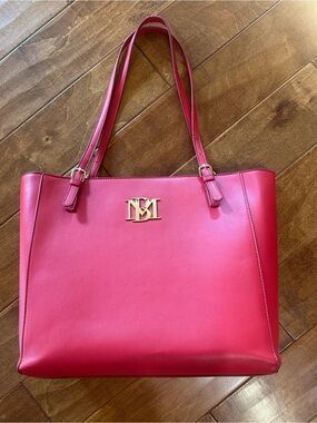 Badgley Mischa Red Leather Office Bag with Gold Logo. Zips shut.